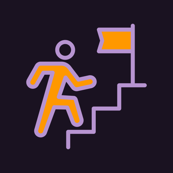 A person climbing stairs towards a flag at the top