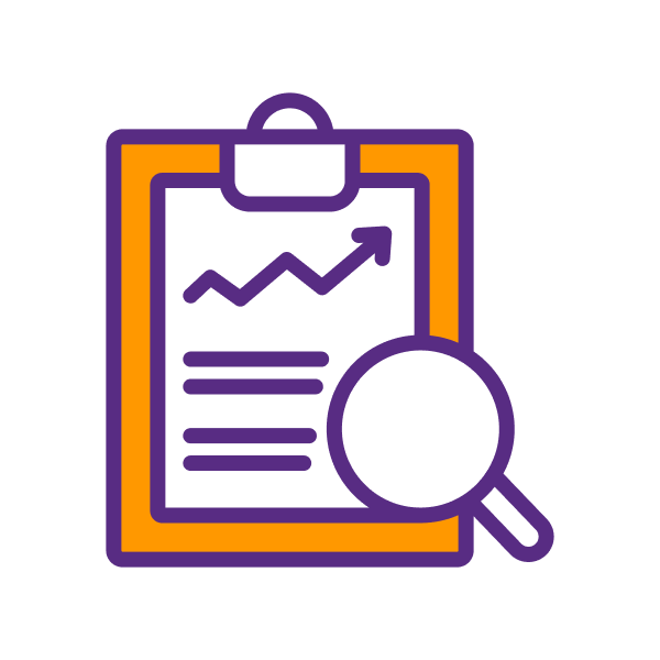 A clipboard with a magnifying glass over it