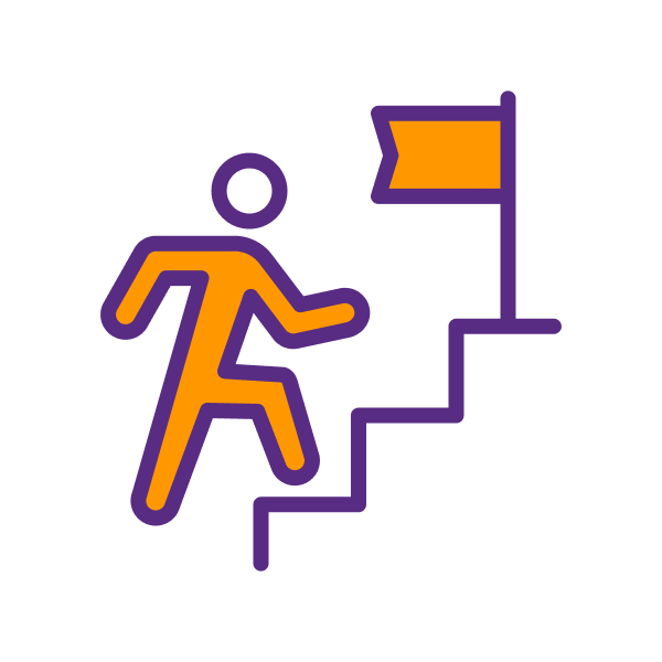 A person climbing stairs towards a flag at the top