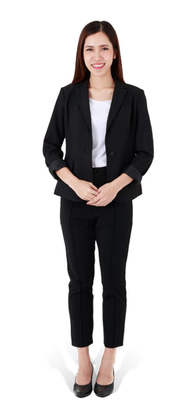 woman dressed in a suit standing with her hands clasped