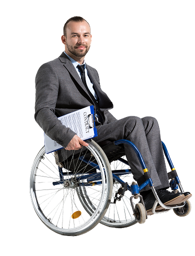 A professionally dressed man in a wheelchair